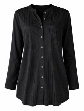 Lands End Black Long Sleeve Pintuck Button Down Mandarin Collar Tunic Top Sz M